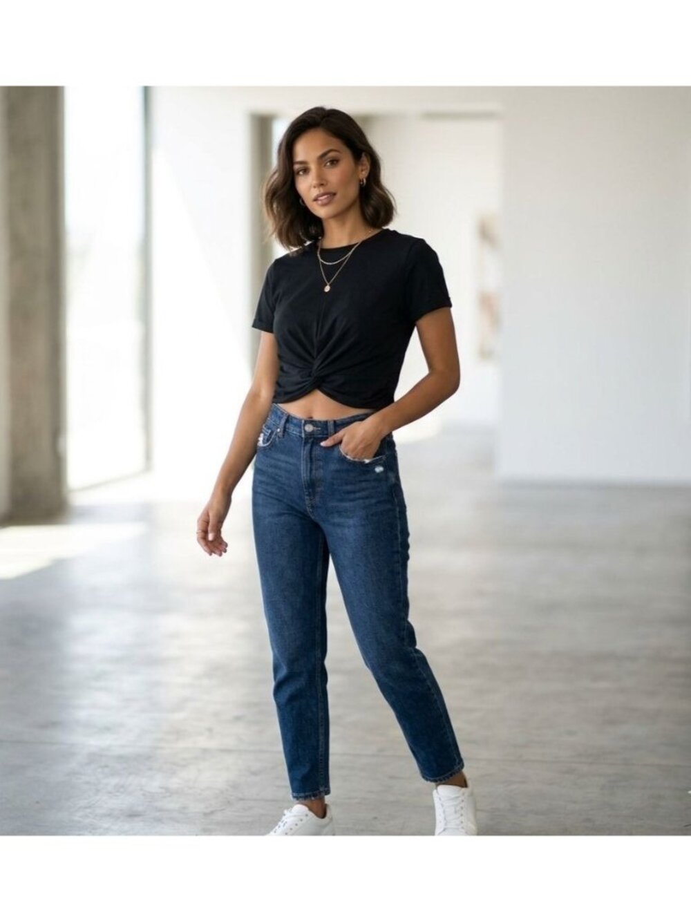 Zara Crop Top Womens Size Large Black Short Sleeve Twist Knot Front